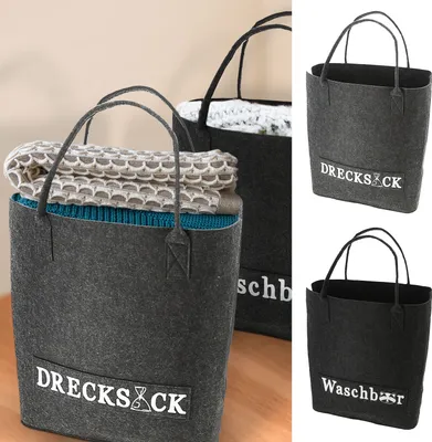 Produktbild von Wäschetasche 2er Set mit Aufdruck 40x45x25cmFilz Wäschekorb Wäschesack Schmutzwäsche Aufbewahrung