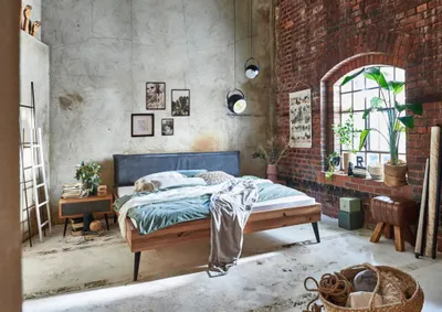 Produktbild von Bett Thisted 160x200 cm Walnussholz Polsterkopfteil Dunkelgrau Metallbeine