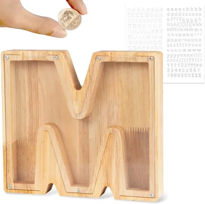 Produktbild von Personalisierte, transparente Spardose aus Holz mit den Buchstaben A bis Z, Größe M, ideal für Geburtstage oder Weihnachten