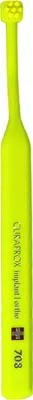 A yellow toothbrush with text on its body.