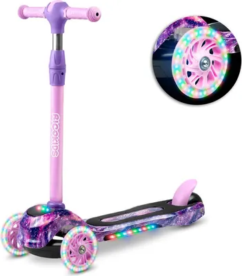 A pink and purple three-wheeled scooter with galaxy-themed graphics and LED lights on the wheels and deck.