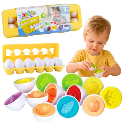 Zdjęcie produktu dla Edukacyjny sortownik jajek dopasowujący kształty do kolorowych owoców 12 szt., productTiles.product.images.aiGenerated