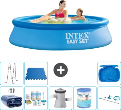 Produktbild von Intex runder aufblasbarer Easy Set-Pool – 244 x 61 cm – Blau – im Lieferumfang enthalten Sonnensegel - Wartungspaket - Filterpumpe für Schwimmbad - Filter - Reinigungskit - Leiter