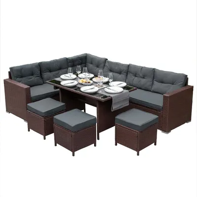 Produktbild von Sitzgruppe Lounge Gartenmöbel Sitzecke Rattan Polyrattan Gartengarnitur Braun Ecksofa Hocker Tisch mit Glasplatte UV-Schutz Wasserdicht Graue Sitzkissen Rückenkissen Garten GRATIS Regenshutzhülle