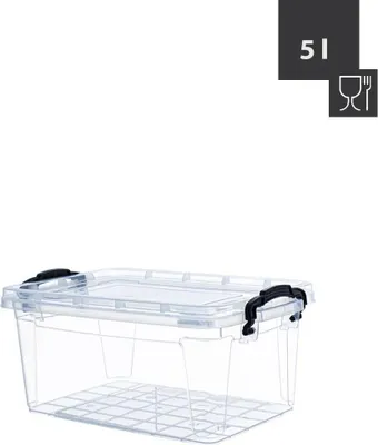 A clear, studio shot of a transparent storage box with black handles, placed on a white background.