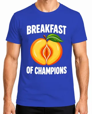 Productafbeelding van Ontbijt van Kampioenen. Perzik. Dubbelzinnig. Humor voor volwassenen. Heren T-shirt, blauw, XXL