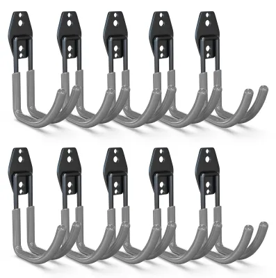 Image de Crochets muraux pour garage, crochets doubles, crochets pour outils (lot de 10), crochets muraux à forte charge pour échelles, outils, tuyaux et outils électriques