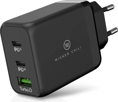 Produktbild von Wicked Chili 65W GaN Ladegerät für Apple MacBook Pro, Air, iPad, iPhone 15, 14, 13, 12, Watch Ultra, Samsung, Pixel - Schnelladegerät QC PD PPS, Fast Charge Netzteil (2x Typ-C PD / 1x USB-A)