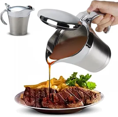 Produktbild von 450ml Edelstahl Thermo Sauciere,Doppelt Isoliert Thermo Sauciere Soßenkanne Saucenbecher Soßenschüssel mit Deckel für Servieren Soße,Vanillesoße,Sahne für Abendessen, Restaurants,Partys