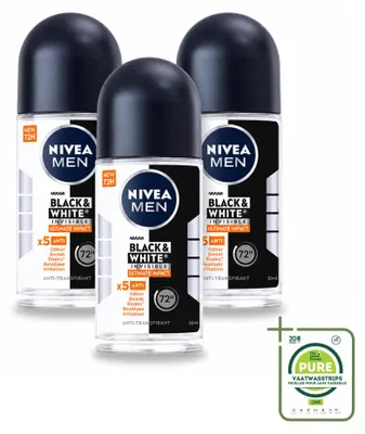 Immagine prodotto di 3 deodoranti roll-on NIVEA MEN Black & White Ultimate Impact, 50 ml - confezione grande - 3 pezzi