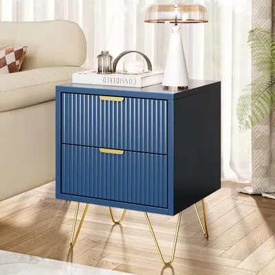 Imagen del producto de INONEFT: Mesita de noche con 2 cajones, mueble auxiliar con tiradores dorados y patas metálicas, mesa auxiliar para dormitorio o salón, dimensiones 40x35.5x50 cm