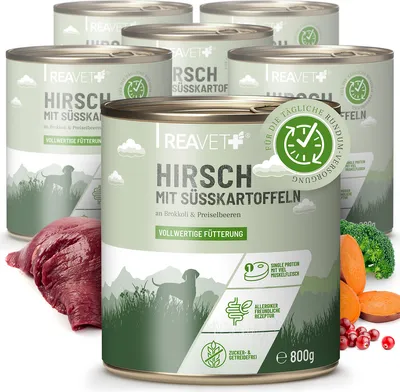 Produktbild von REAVET Premium Hunde Nassfutter - Hirsch an Süßkartoffeln & Preiselbeeren 6 x 800g I mit hohem Fleischanteil & viel Muskelfleisch, Getreidefrei, Hundefutter nass, ohne Zucker