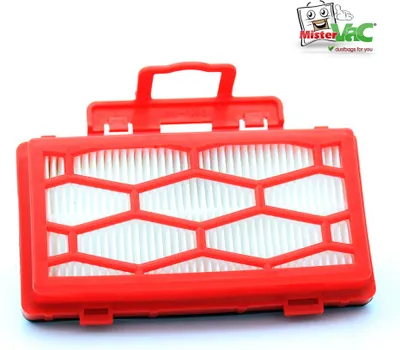 A red vacuum cleaner filter with a white pleated filter element, set against a white background. A logo is visible in the top right corner.