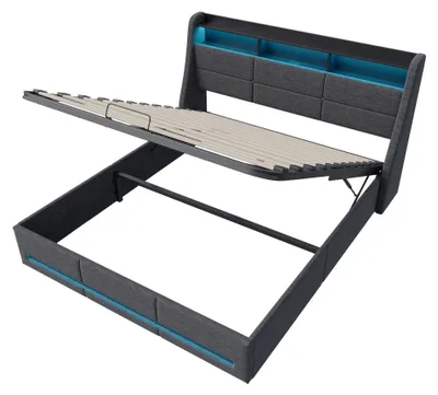 Produktbild von Hydraulisches Stauraumbett - Doppelbett 140x200 cm - LED-Beleuchtung im Kopfteil - USB-Ladestation - Hochklappbarer Bettkasten - Gepolstertes Holzgestell