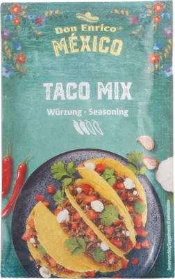 A package of taco seasoning mix with an image of tacos on the bottom half.