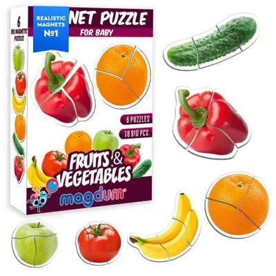 Imagen del producto de Imán para nevera para niños, con 6 piezas grandes de frutas y verduras, un juego de rompecabezas de 18 piezas
