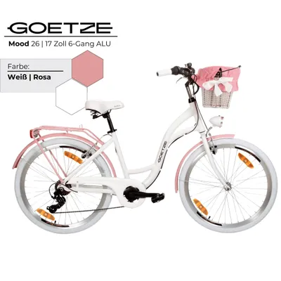 Produktbild von Goetze Mood 26 Zoll City Bike, 17 Zoll Tiefeinsteigerrahmen, 6-Gang Shimano Tourney, V-Bremse, LED-Beleuchtung, Komfortsattel, Rattankorb
