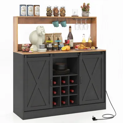 Produktbild von COSTWAY Küchenschrank Buffetschrank mit Arbeitsplatte, Ladestation, Schiebetüren, herausnehmbarem Weinregal & Glashalter, Aufbewahrungsschrank Schwarz