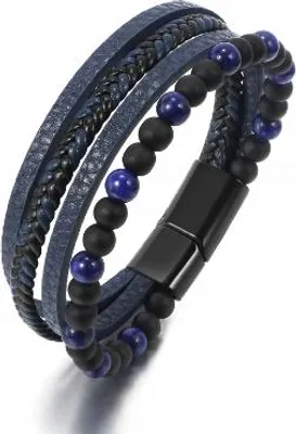 Immagine prodotto di Bracciale in pelle a più strati con perline, blu, 21 cm