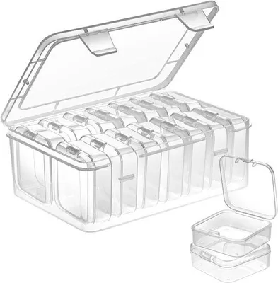 Obrázek produktu pro Průhledné úložné boxy – Malé průhledné úložné boxy (5,5 x 5,5 x 2 cm) – 15 malých průhledných úložných boxů – Z průhledného plastu – Se sklopným víkem – Na léky, šperky