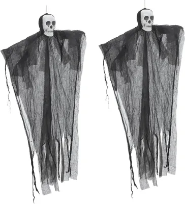 Produktbild von 2 hängende Halloween-Totenkopfdekorationen aus Kunststoff mit Beleuchtung für gruselige Dekorationen im Hof und Garten