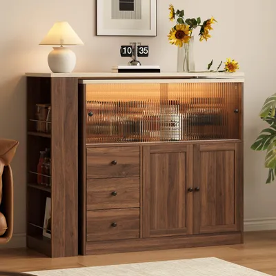 Productafbeelding van Merax keukenblok met 360° draaitafel, uitschuifbaar barmeubel met 3 lades, eettafel met glazen schuifdeur, dressoir met RGB-LED-verlichting, MDF, naturel