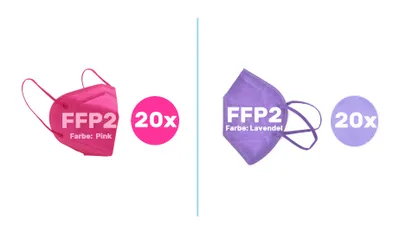 Produktbild von FFP2 Atemschutz Masken 20x Pink + 20 Violett Lavendel Hell Lila Flieder ohne Ventil Atem Schutz