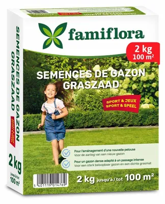 Produktbild von Famiflora Rasensamen 2kg bis 100m² - Spiel & Sport - zum Anlegen von neuem Rasen - Geeignet für einen Rasen bis 100m² - Starker Rasen, der Spiel und Sport übersteht - Dichte Grasnarbe verhindert Unkraut