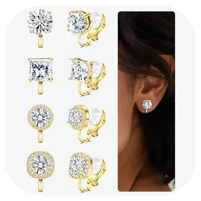 Produktbild von Ohrclips Damen 4 Paar Ohne Ohrlöcher Hypoallergen Zirkonia Gold Silber