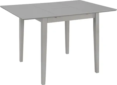 A gray dining table with four legs, shown from a slightly elevated front-left angle against a white background.