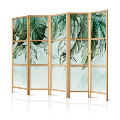 Produktbild von Paravent XXL 225x171 cm 5-teilig einseitig eleganter Sichtschutz Raumteiler Trennwand Raumtrenner Holz Design Motiv Deko Home Office grüne Blätter Botanik b-C-0782-bh-a