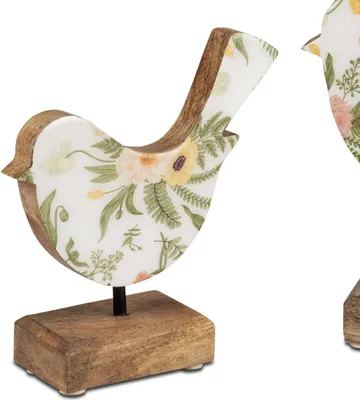 Produktbild von Dekofigur Vogel mit Blumenmotiv H. 15cm weiß bunt natur Mangoholz Formano F26