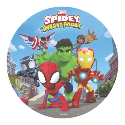 Produktbild von Dekora, Spidey Tortenaufleger für Kindergeburtstag, Essbare Kuchendekoration 20 CM, Spidey und seine Super-Freunde Partyspaß, Zuckerfreies Reispapier
