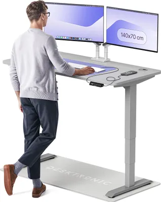 Zdjęcie produktu dla Desktronic HomePro biurko z elektryczną regulacją wysokości 140x70cm szary/szary z funkcją pamięci, technologią antykolizyjną, portami ładowania USB-A i USB-C