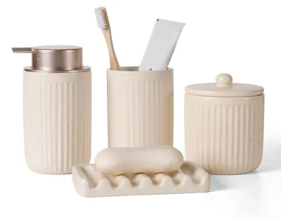 Immagine prodotto di Set da bagno in Vetroceramica, 4 pezzi, color kaki a righe, composto da dispenser per sapone, porta sapone, bicchiere per lo spazzolino e contenitore per Cotone fioc