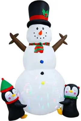 Produktbild von Opblaasbare kerstdecoratie mit integrierter rotierender LED-Beleuchtung - großer Schneemann mit 2 Pinguinen