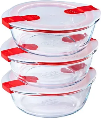 Immagine prodotto di Contenitore per il pranzo Pyrex Cook & Heat, set da 3, rotondo, vetro, 1,1 L, adatto al microonde con valvola per il vapore
