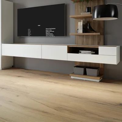 Produktbild von Forte LEWISVILLE TV Schrank 270, hängendes Lowboard, Kippfach, Tür, Schublade, Holzwerkstoff, Holzwerkstoff, Secret Grey | Valenica Eiche Holzdekor, 269,4 cm breit x 32,2 cm hoch x 41 cm tief