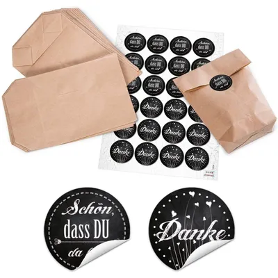 Produktbild von 24 kleine braune natur Papiertüten mit Boden Papier-Beutel 14 x 22 x 5,6 cm + 24 runde Aufkleber 4 cm SCHÖN DASS DU DA BIST in rosa pink weiß Verpackung Hochzeit give-away Gastgeschenk natürlichSchwarz, Weiß