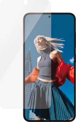 A screen protector is shown over a smartphone displaying a fashion image.