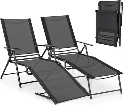 Zdjęcie produktu dla KOMFOTTEU zestaw 2 leżaków, składany leżak z regulowanym oparciem, leżak plażowy do ogrodu, na plażę, na basen (czarny)