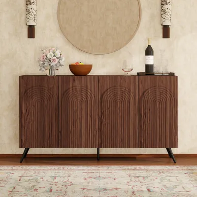 Produktbild von Sideboard 150 cm, Mid-Century Design, 3D-Rillen, Bogentüren, Walnuss, 150x38x83 cm