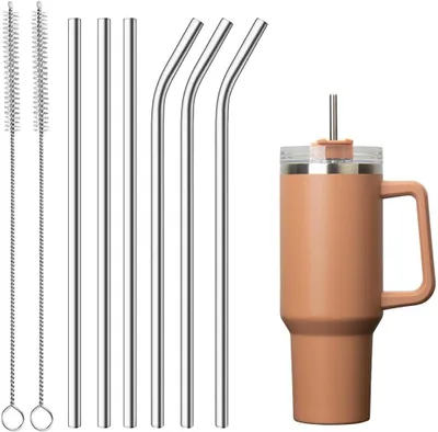 Imagen del producto de Pajitas de acero inoxidable, juego de 6 unidades (3 rectas, 3 curvas), con 2 cepillos de limpieza, reutilizables, para