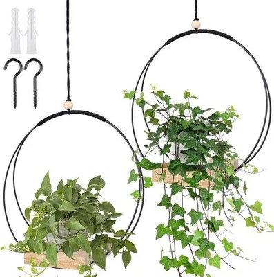 Produktbild von Macramé Pflanzhänger - 93 cm Hängevase mit Holzfußplatte