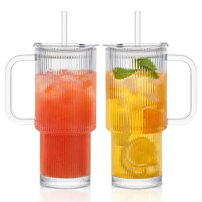Productafbeelding van 2 glazen bekers van 750 ml met deksel en rietje