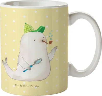 Produktbild von Mr. & Mrs. Panda Teetasse Robbe Sherlock - Gelb Pastell - Geschenk, Becher, Trinkbecher, Lustige Sprüche, Tasse, Keramiktasse, Kaffeetasse, haferl