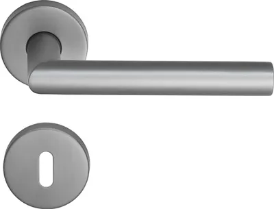 A door handle and a keyhole escutcheon plate, both made of brushed metal, are shown against a white background.