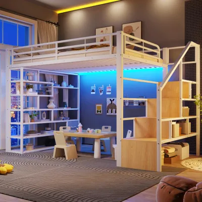 Image de Lit superposé avec éclairage LED intégré, structure en fer, espace de rangement, barrière de sécurité et échelle, étagère, matelas non inclus, dimensions 140 x 200 cm, couleur blanche