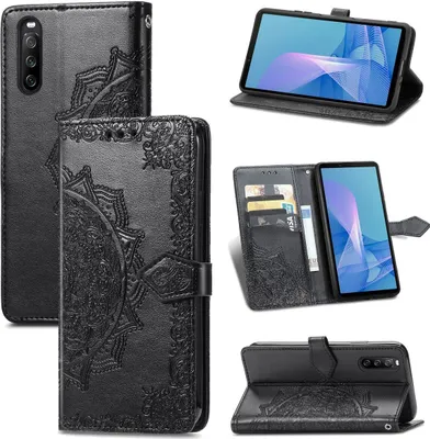 Collage of images showing a black leather phone case with embossed mandala design for a Sony Xperia 1 III.