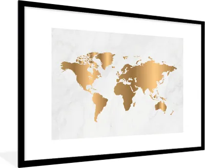 Produktbild von MuchoWow® Gerahmtes Poster Weltkarte - Gold - Marmoroptik - Luxus - Design 90x60 cm - Poster mit Schwarzem Bilderrahmen Wandposter Rahmen Foto Bilder - Wanddekoration - Fotos